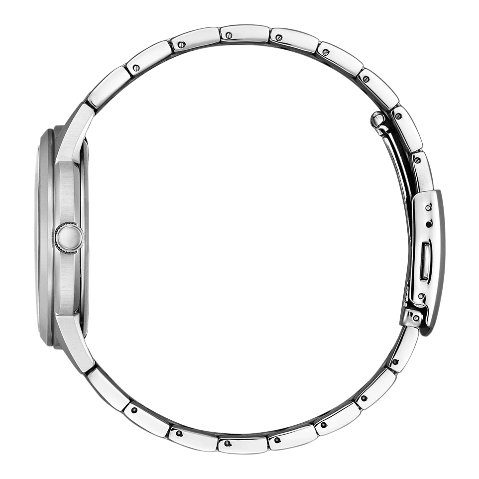 Side view of a silver wristwatch with a metal band, elegant design.