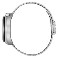 Silver watch bracelet, side view, stainless steel material.