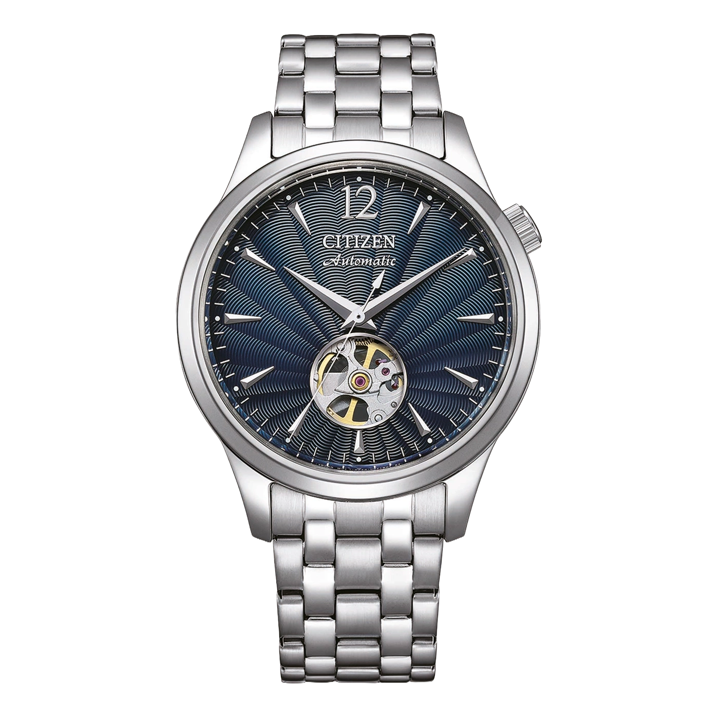 A Citizen automatic watch with a blue dial and silver band.