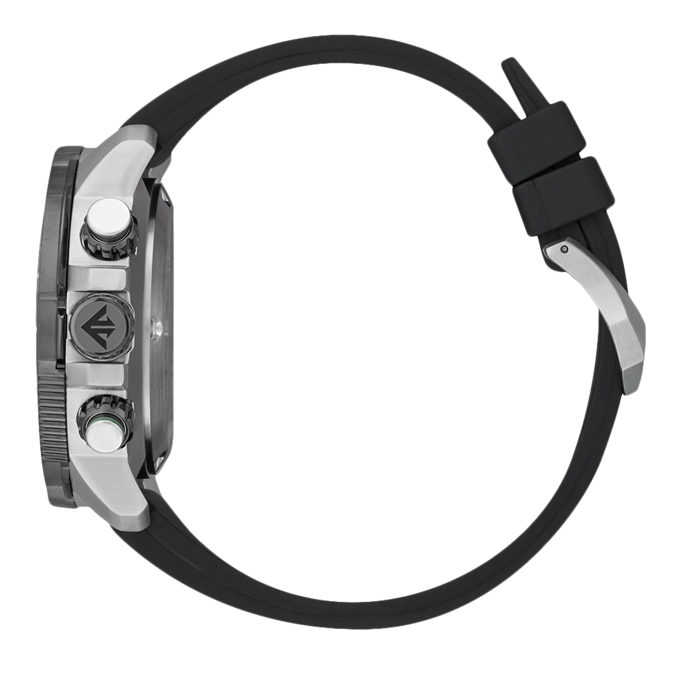 Side view of a black watch with a black rubber strap and silver accents.