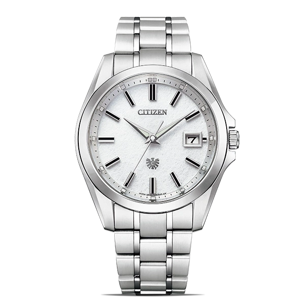 Silver Citizen watch with white face and date display on a white background.