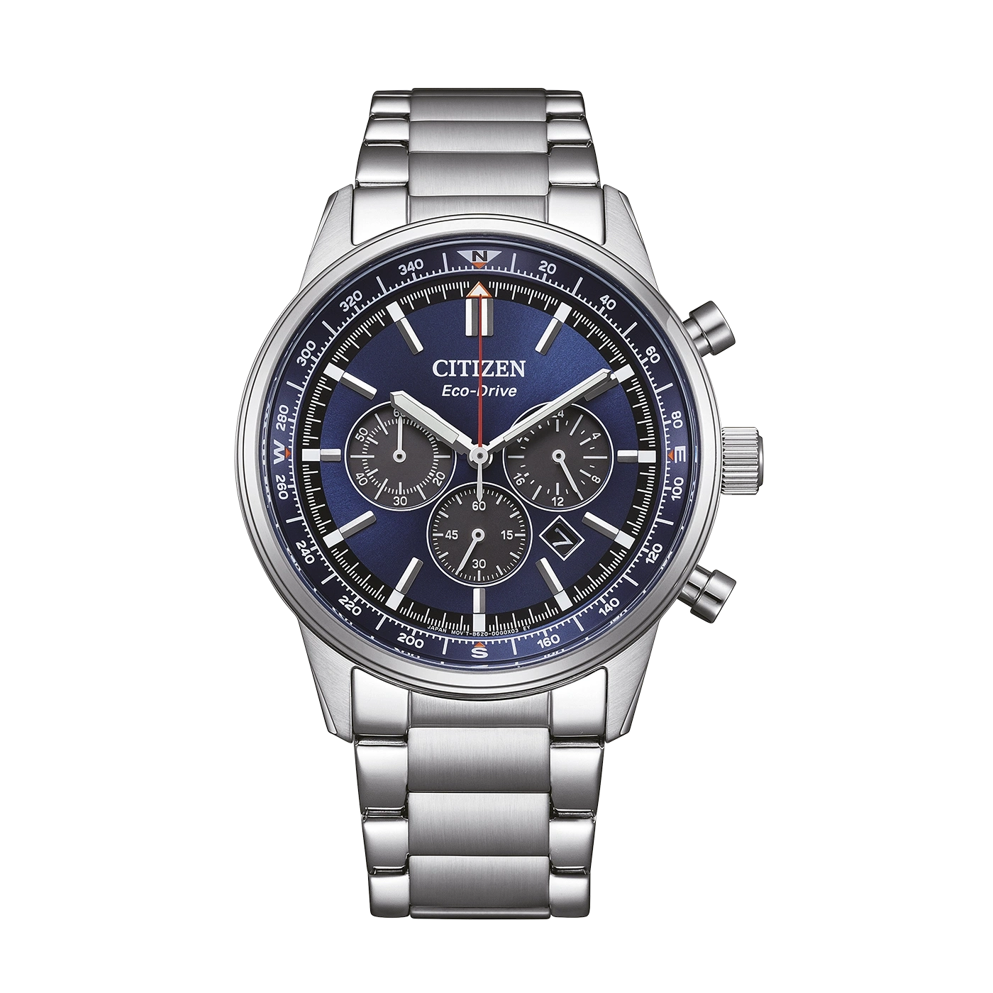 A Citizen Eco-Drive chronograph watch with a blue dial and stainless steel band.