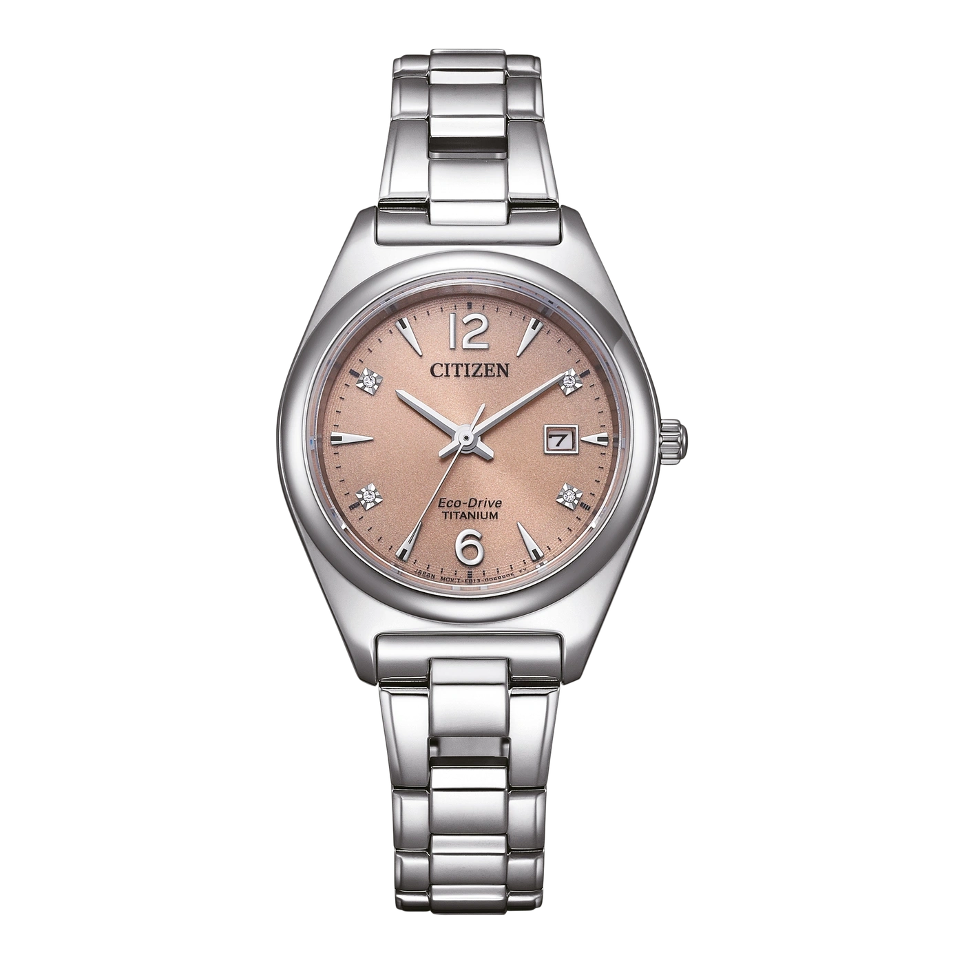 Citizen Eco-Drive Titanium watch with a pink dial and silver bracelet.