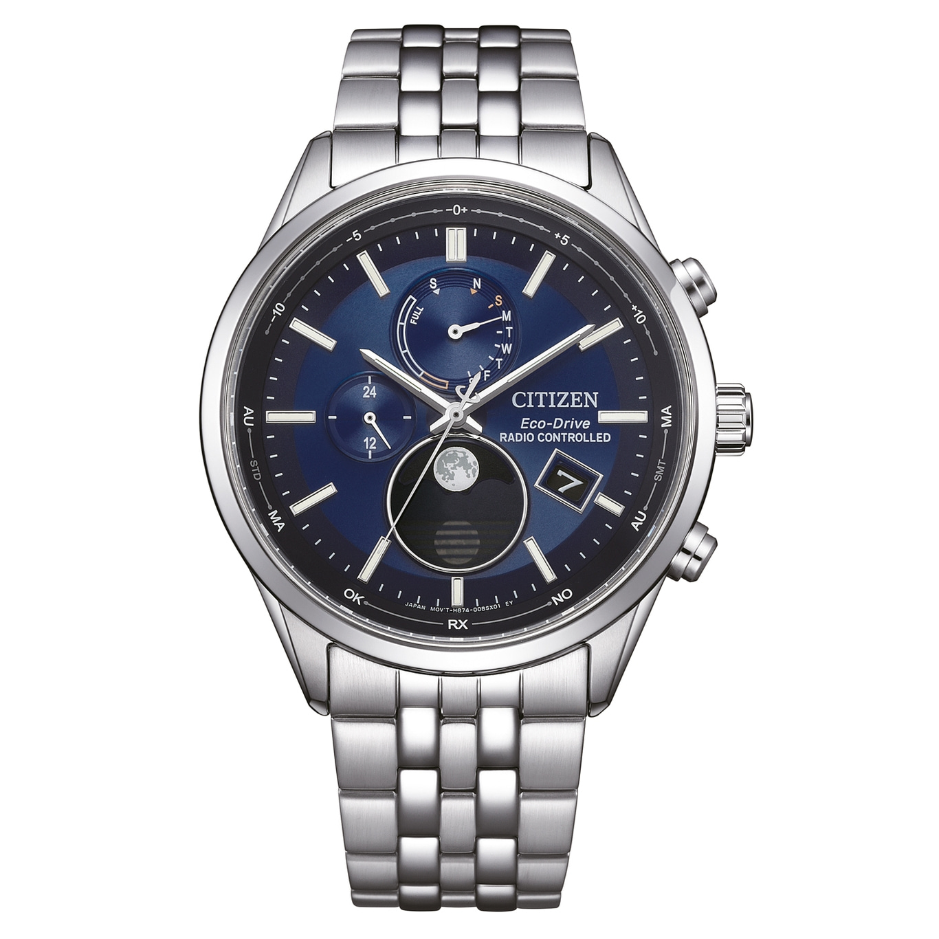 Citizen Eco-Drive watch with blue face, silver band, and multiple dials.