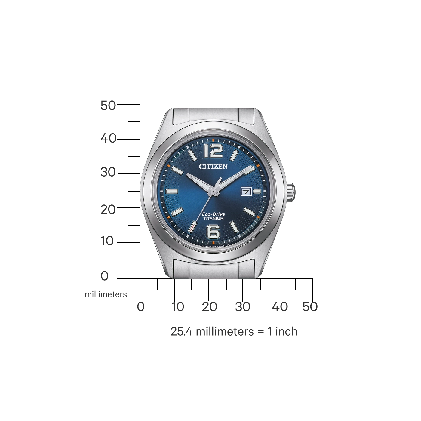 Citizen watch with blue face, titanium, Eco-Drive, and date display.