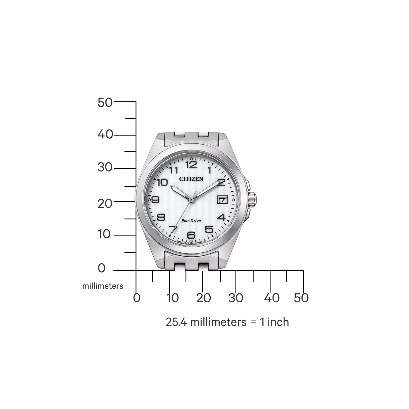 Silver Citizen watch with white face, numbers, and Eco-Drive text.
