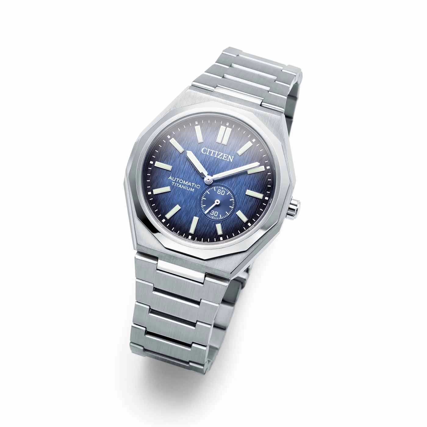 Citizen watch with blue dial and titanium bracelet, automatic