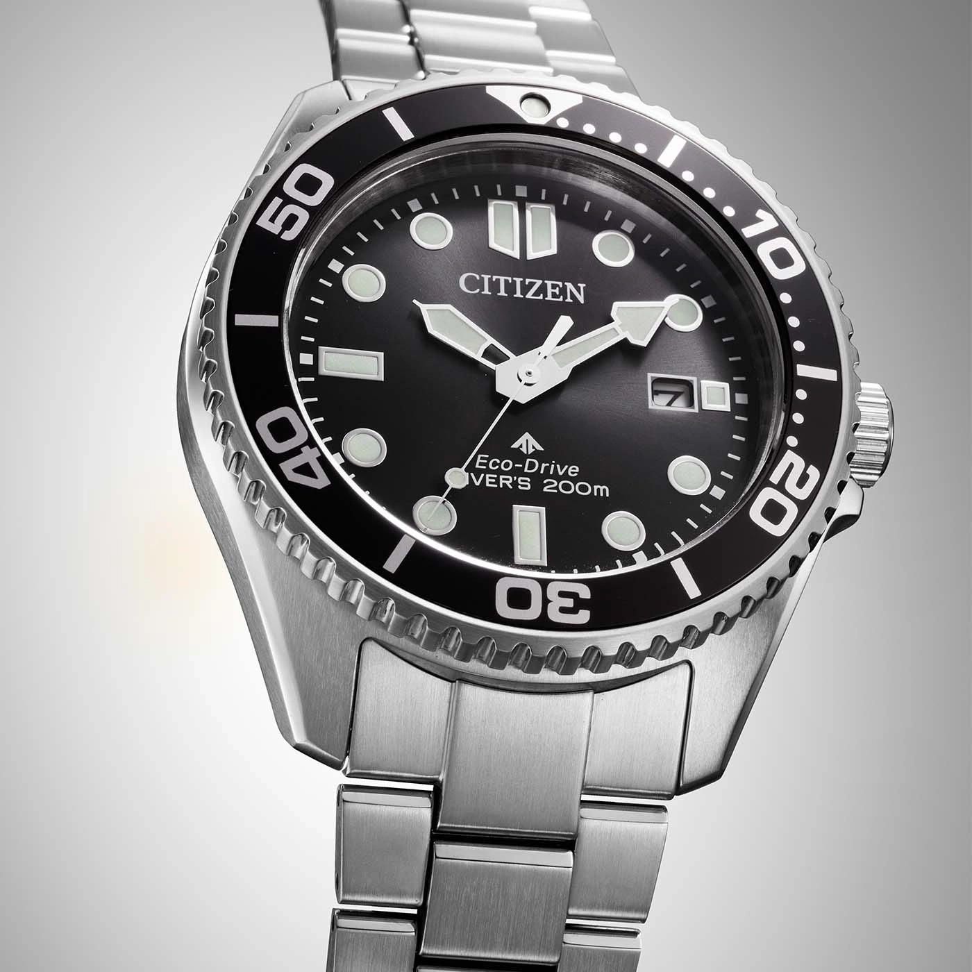 Citizen watch with black dial and silver band, Eco-Drive, diver's 200m