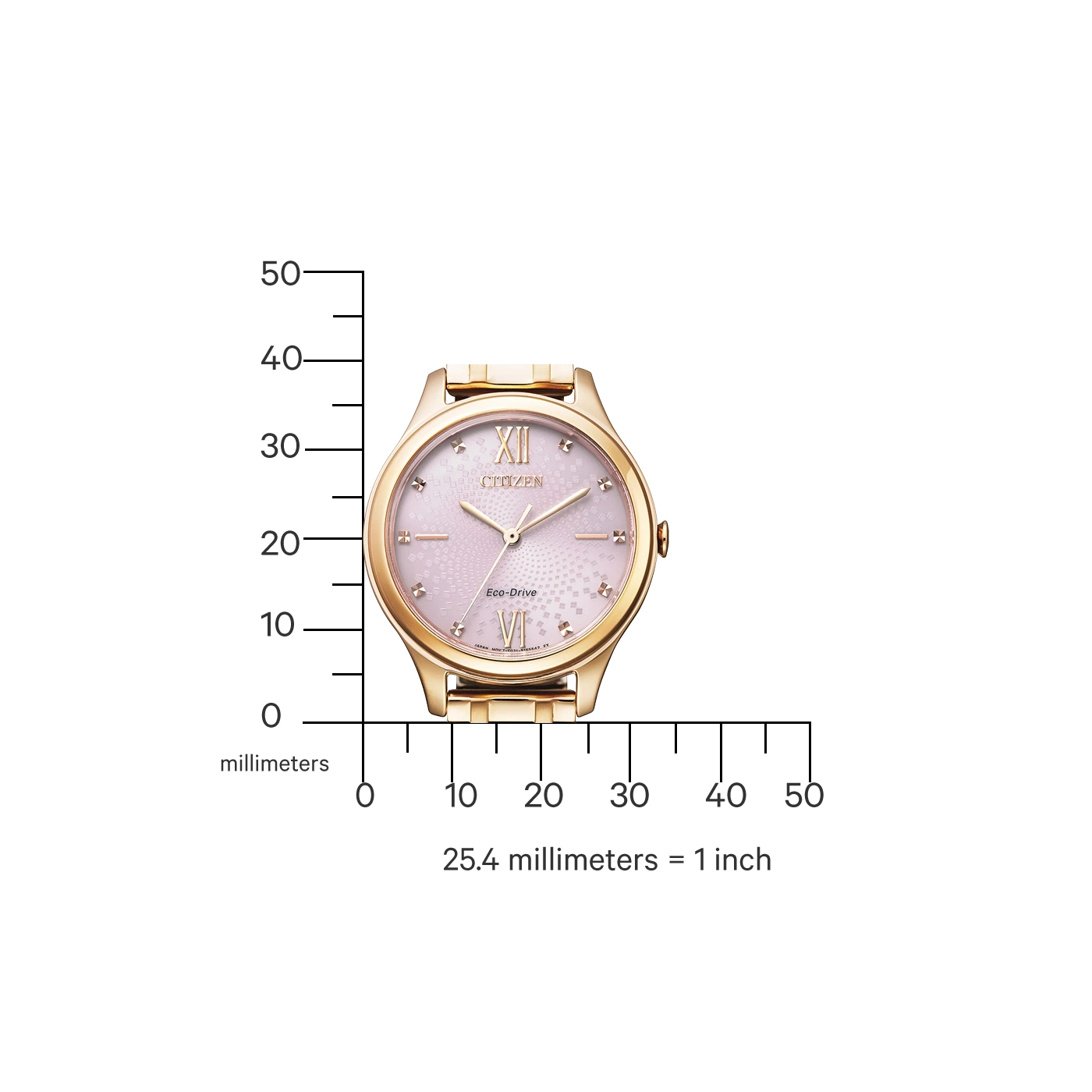 Citizen watch with gold case and pink face, with measurement scale.