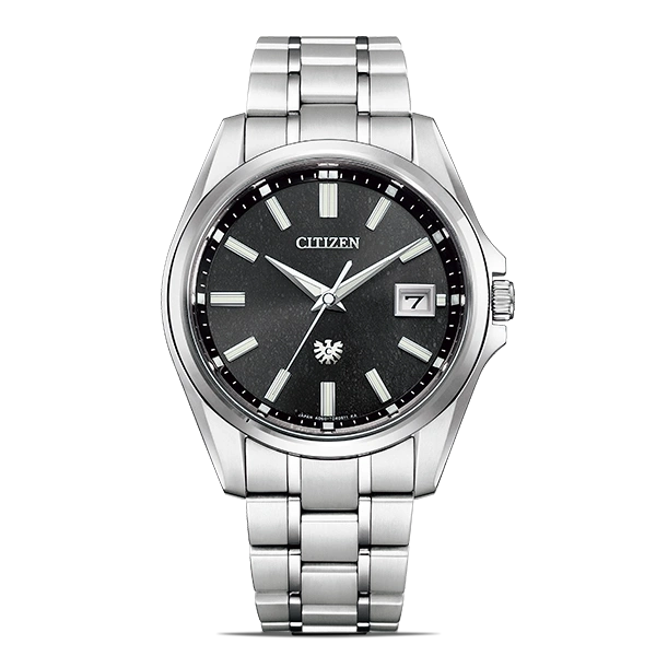 Citizen watch with a black dial and silver bracelet, date display.