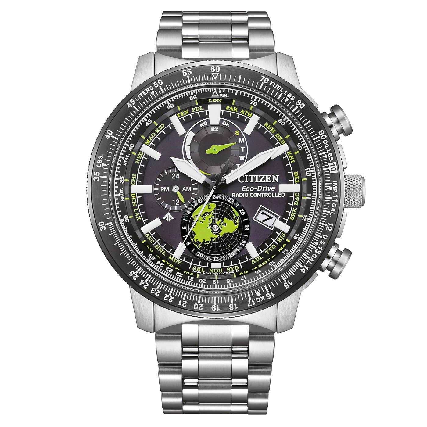 Citizen watch with black dial, silver band, and multiple functions for time and aviation.