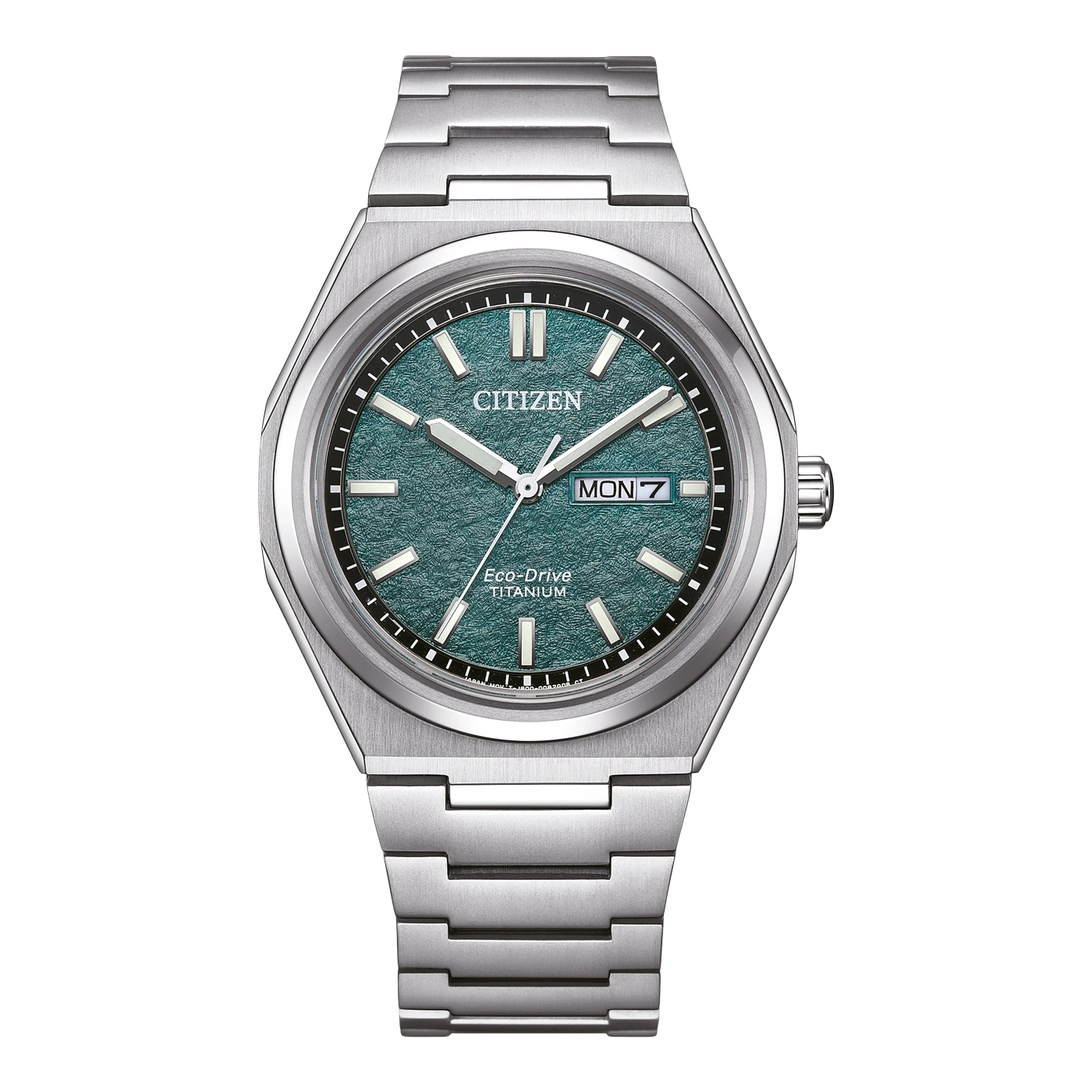 Citizen watch with green dial and titanium bracelet, Eco-Drive technology.