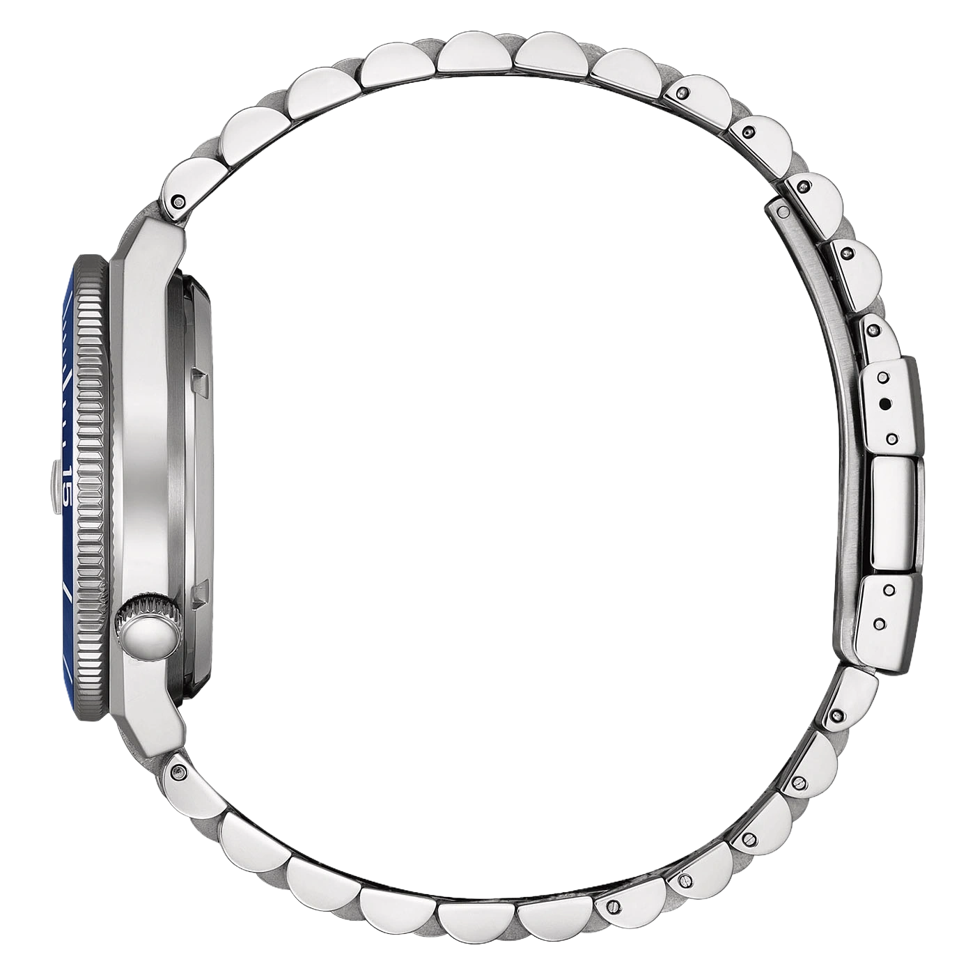 Side view of a silver watch with a blue bezel and metal band.