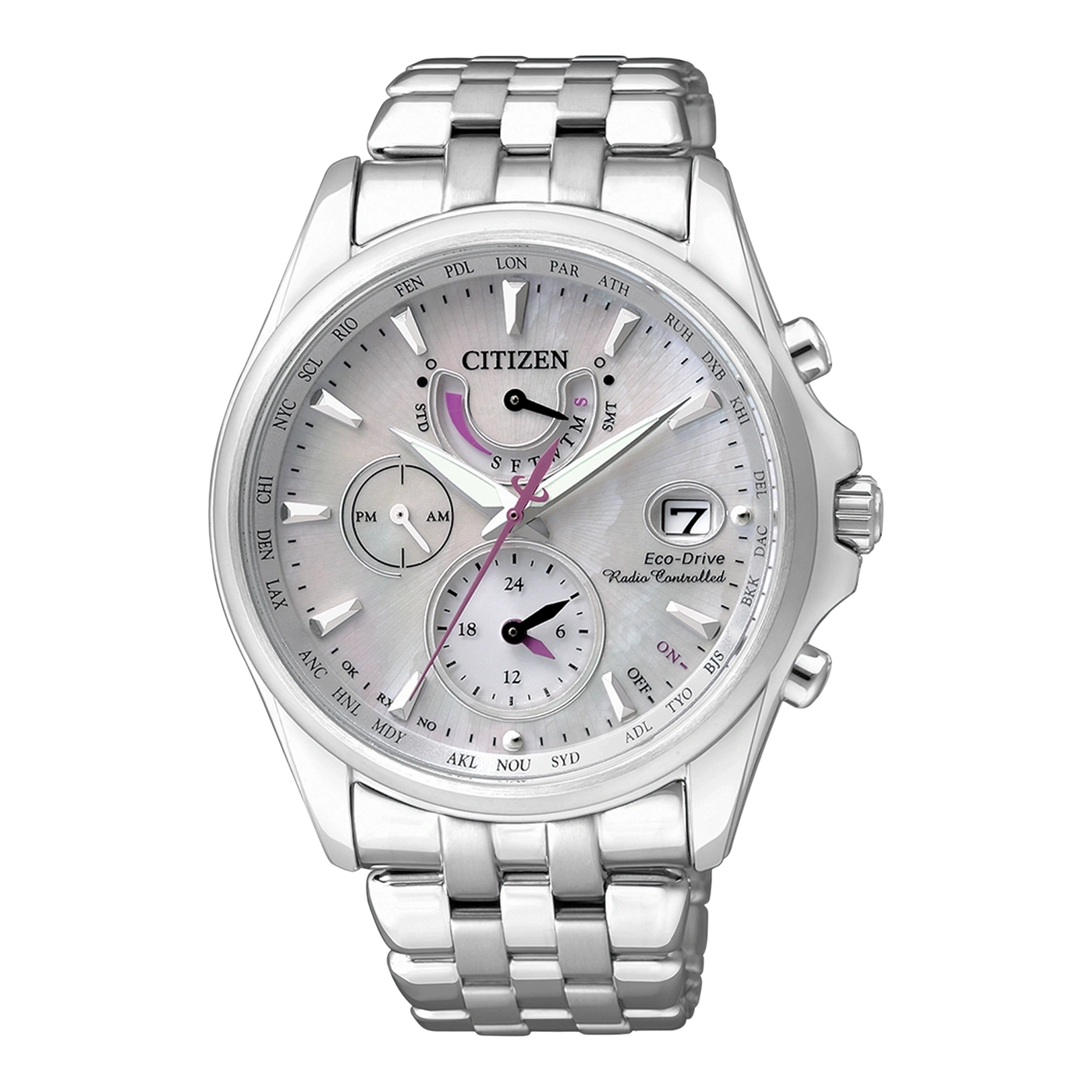 Silver Citizen watch with multiple dials, date display, and metal band. Eco-Drive technology.