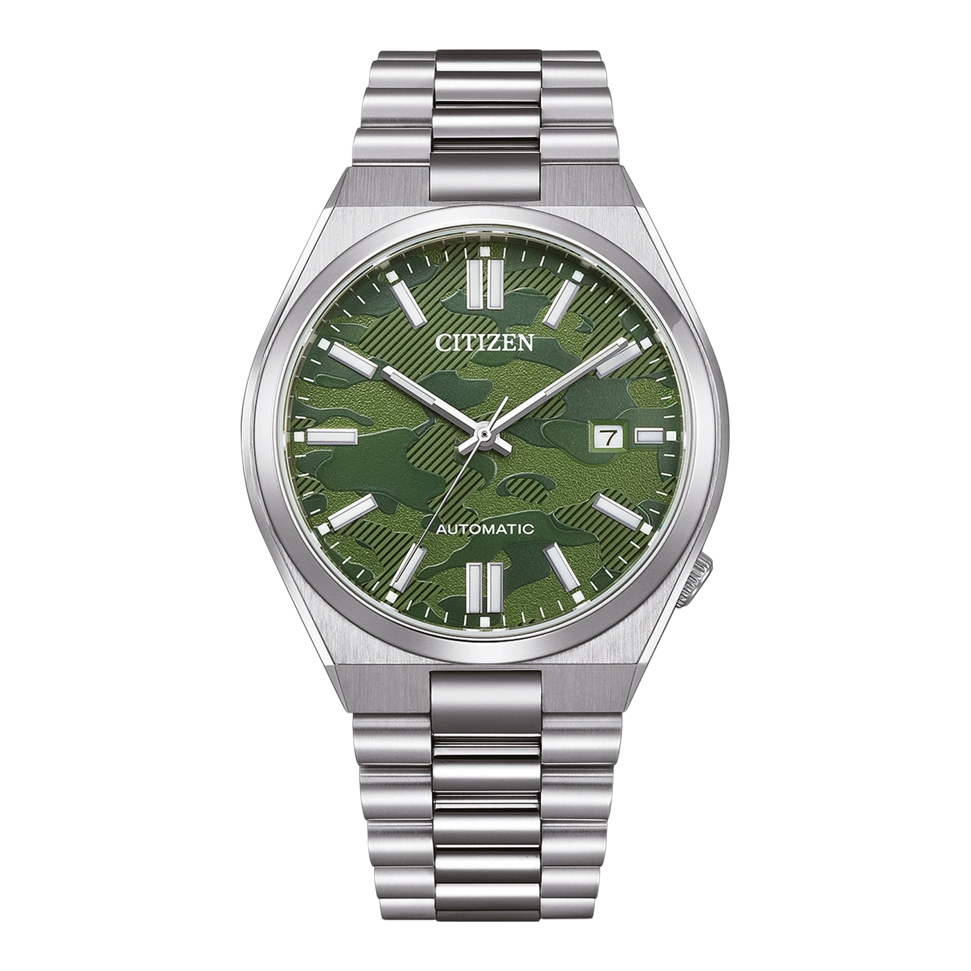 Citizen watch with green camouflage dial and silver bracelet.