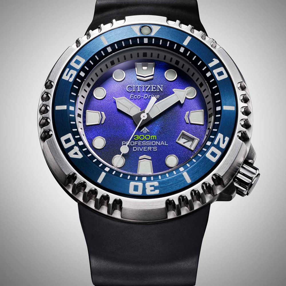 Citizen Eco-Drive watch with blue dial and black strap, professional diver's watch