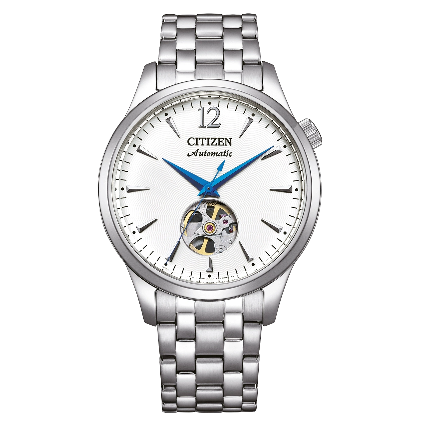 A Citizen automatic watch with a white dial and blue hands.