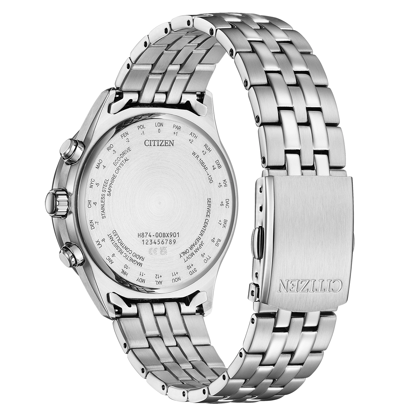 Citizen watch back with time zone markings, stainless steel, and Eco-Drive technology.