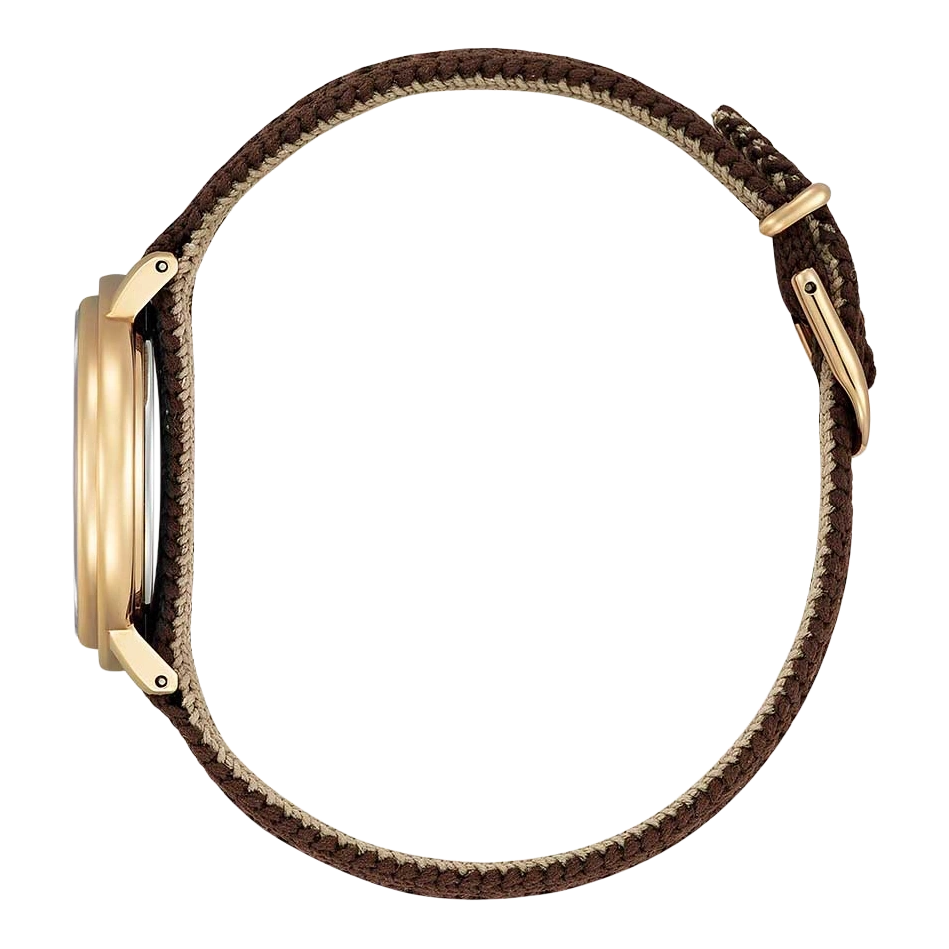 Side view of a gold watch with a brown woven strap.