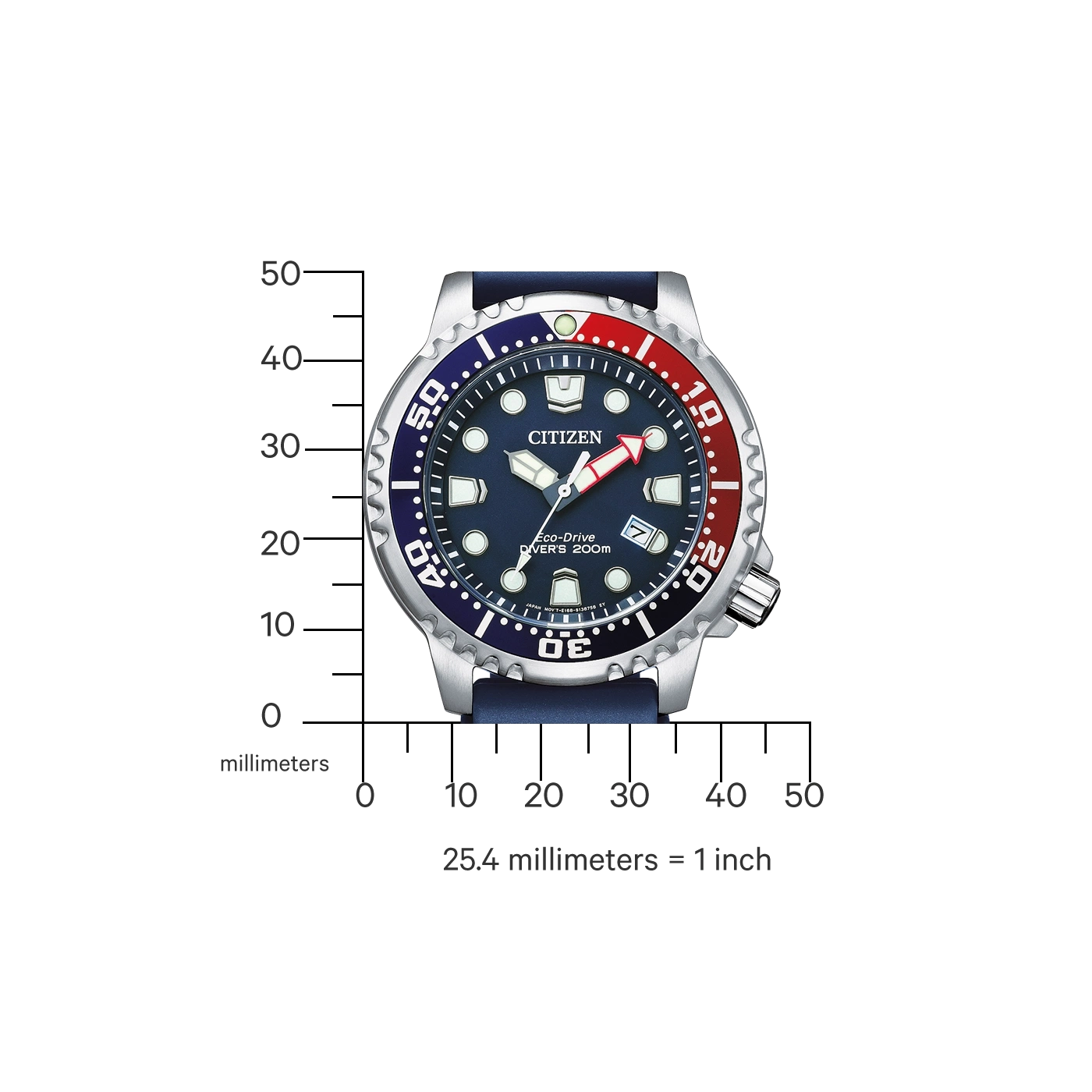 Citizen watch with blue and red bezel, showing time and date, with scale in millimeters.