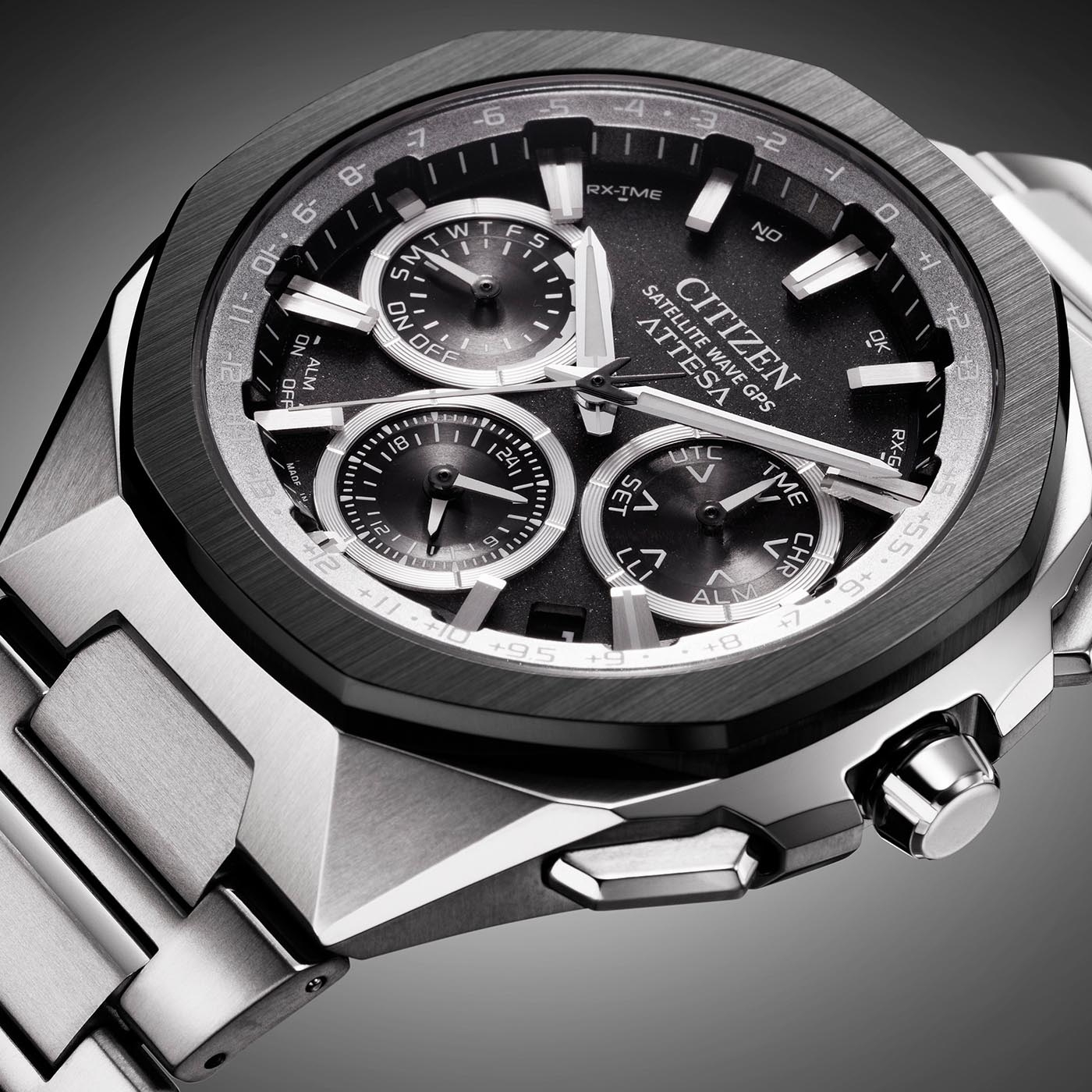 Citizen Attesa watch, black dial, silver bracelet, satellite wave GPS, close-up shot.