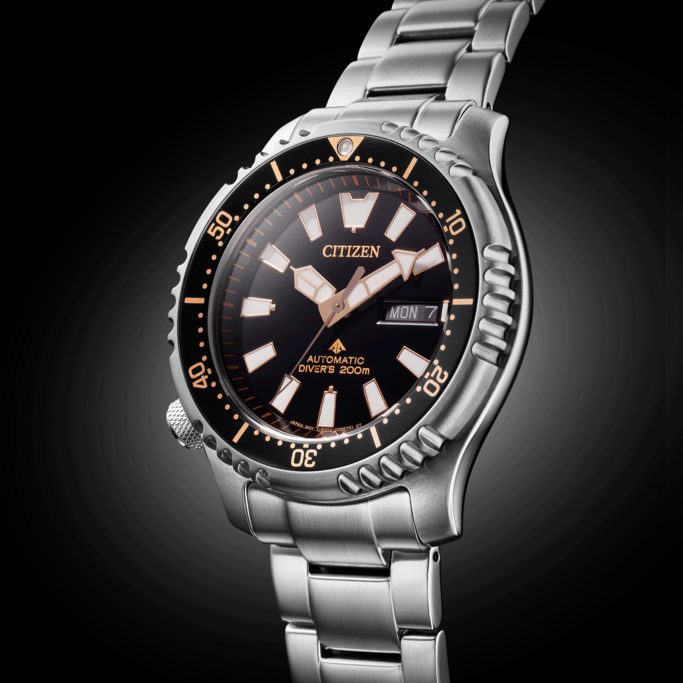 Citizen watch with black face, automatic, diver's 200m, stainless steel bracelet