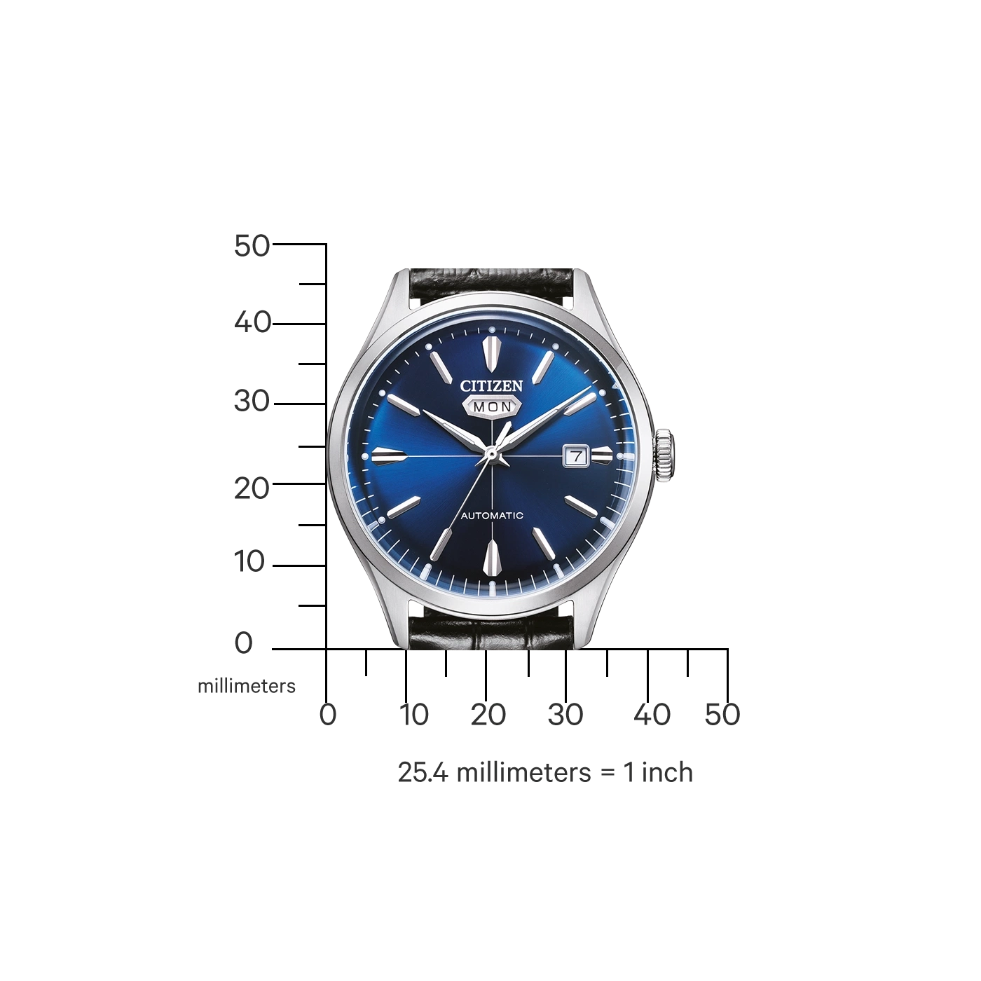 Citizen watch with blue face, automatic, and day/date display, with a black leather strap.