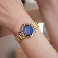 Gold watch on wrist with blue face, Citizen brand, close-up shot