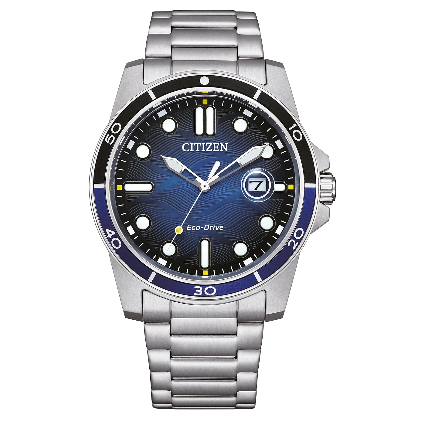Citizen watch with blue dial and stainless steel bracelet