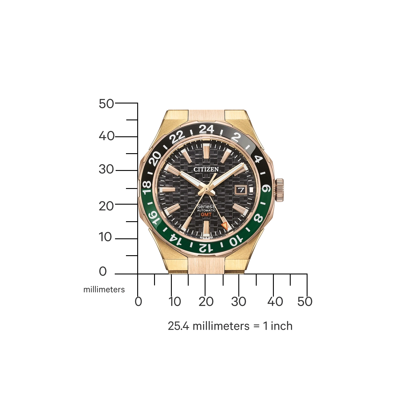 Citizen watch with gold case, black and green bezel, and a black dial.