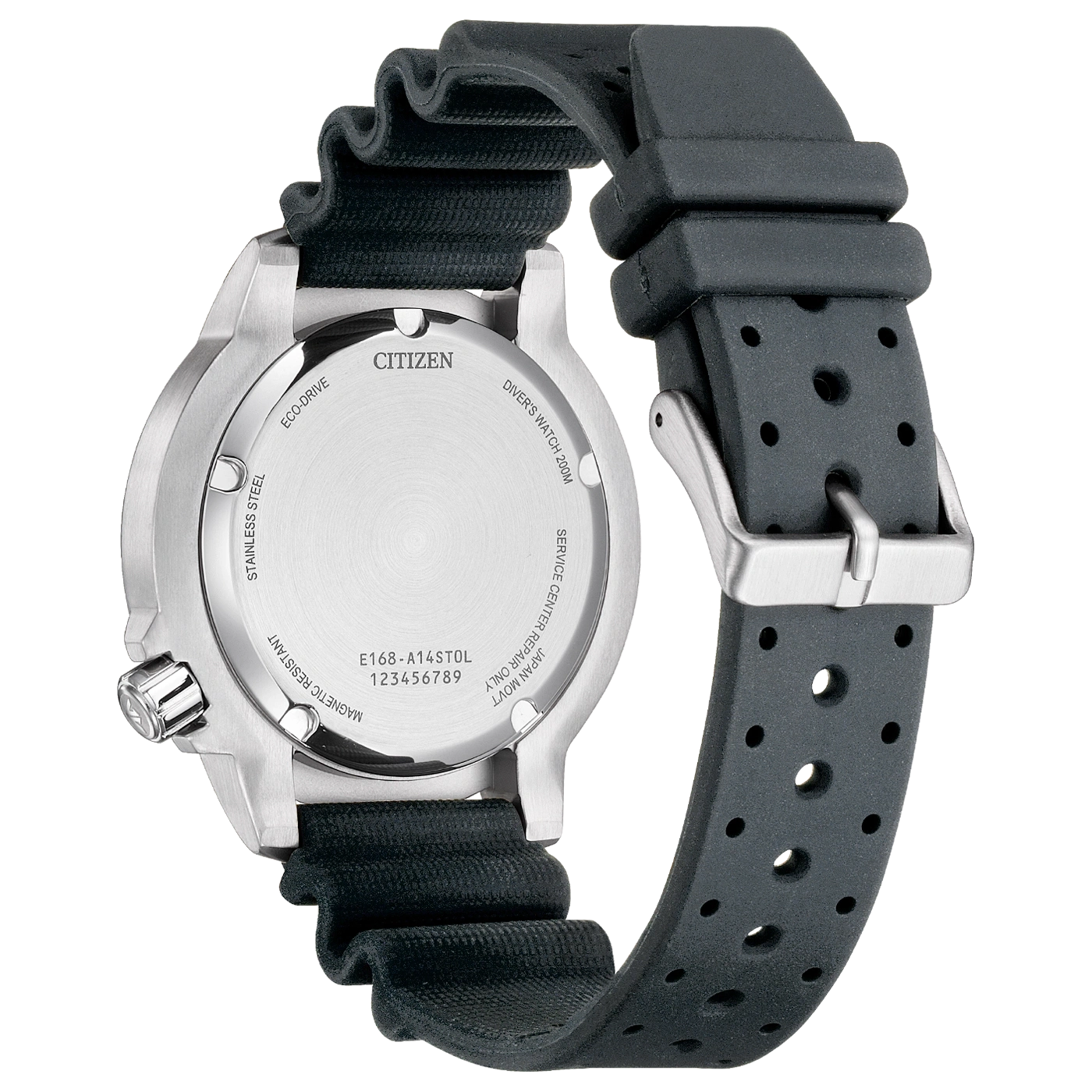 Citizen dive watch with black rubber strap, showing caseback details.