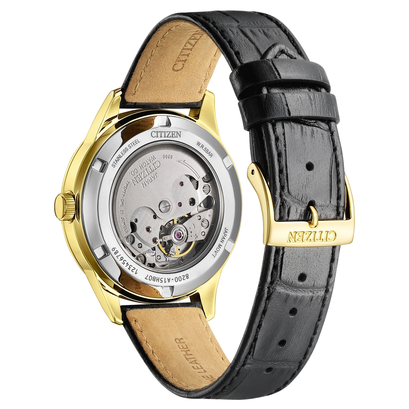 Citizen watch with gold case and black leather strap, showing the back.