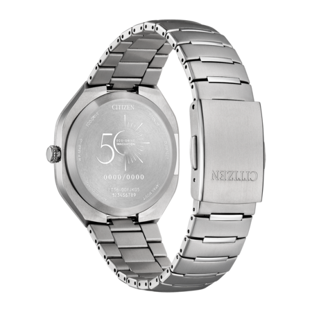 Back of a silver Citizen Eco-Drive watch with a metal band.