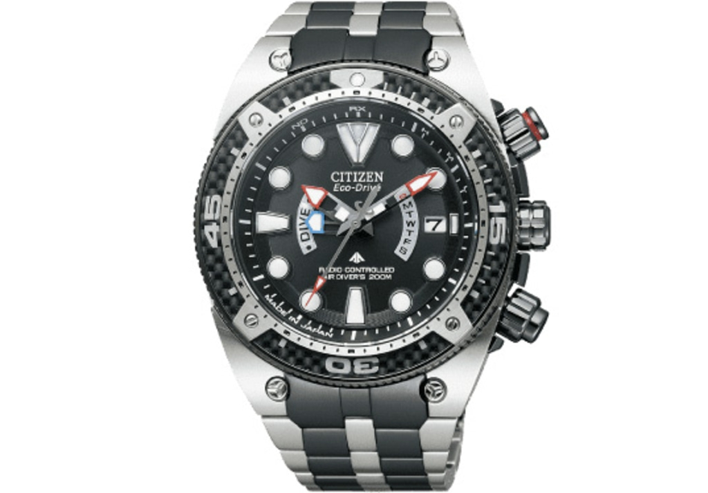 Citizen Eco-Drive watch with black dial, dive features, and stainless steel band.
