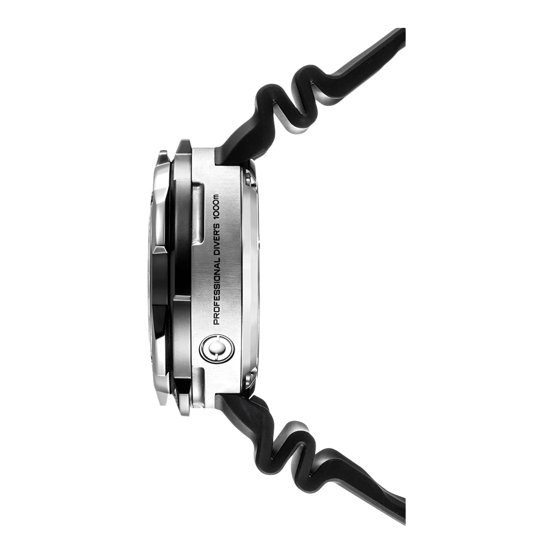 Side view of a professional diver's watch with a black strap.