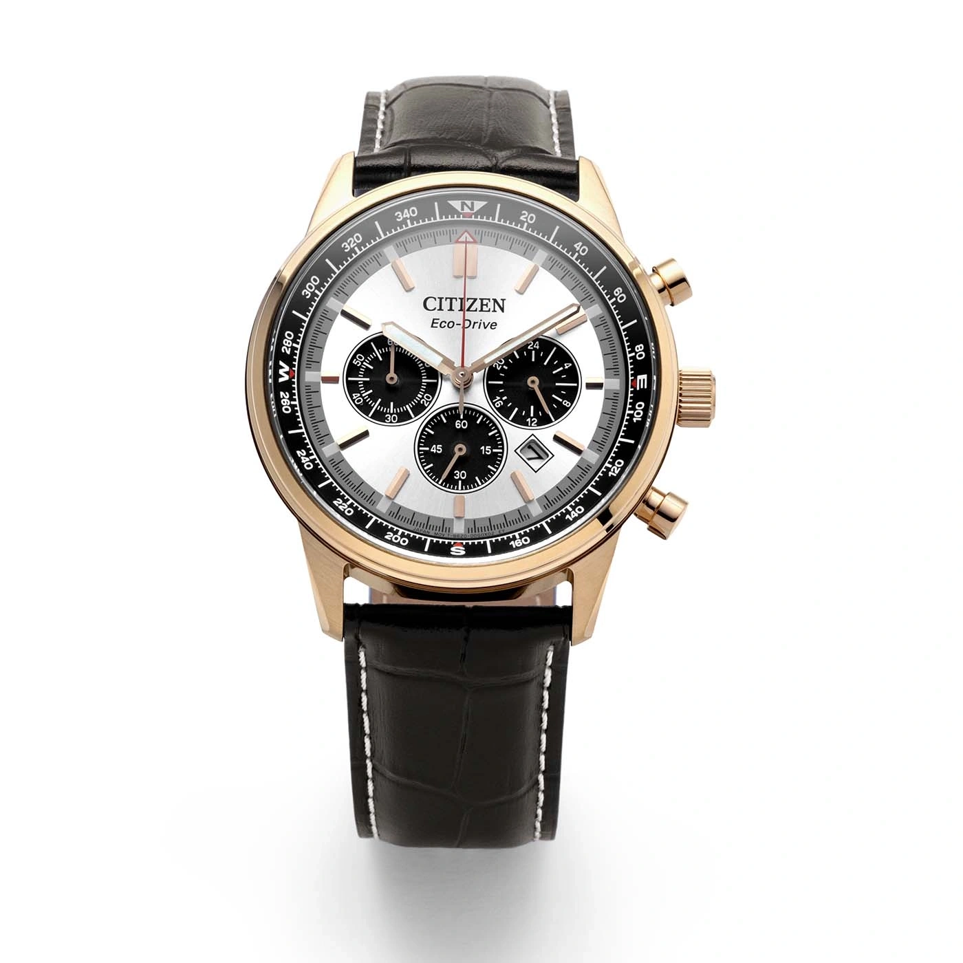 A rose gold Citizen Eco-Drive watch with a white dial and black leather strap.