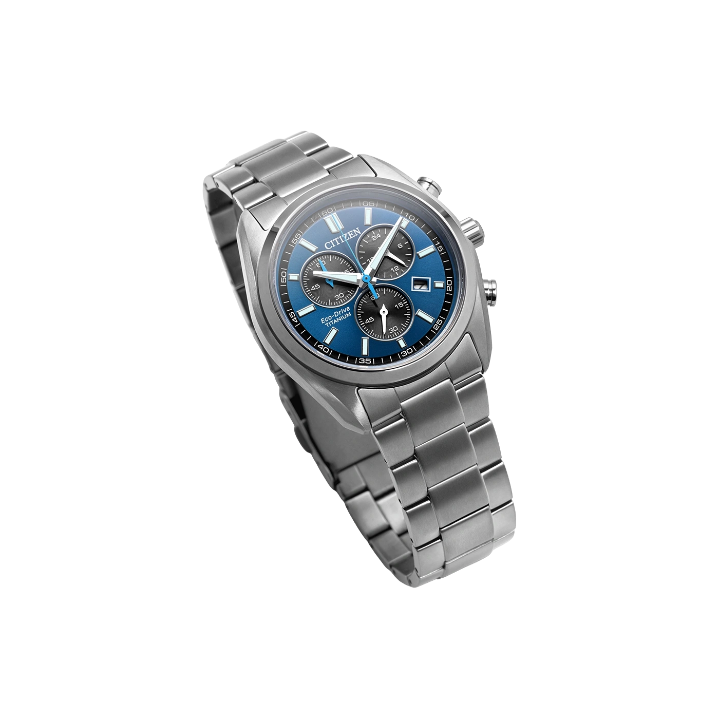 A Citizen Eco-Drive Titanium watch with a blue dial and silver band.