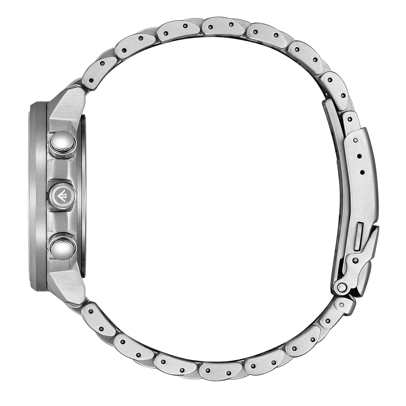 Silver watch with a metal band, side view, close-up shot, elegant design