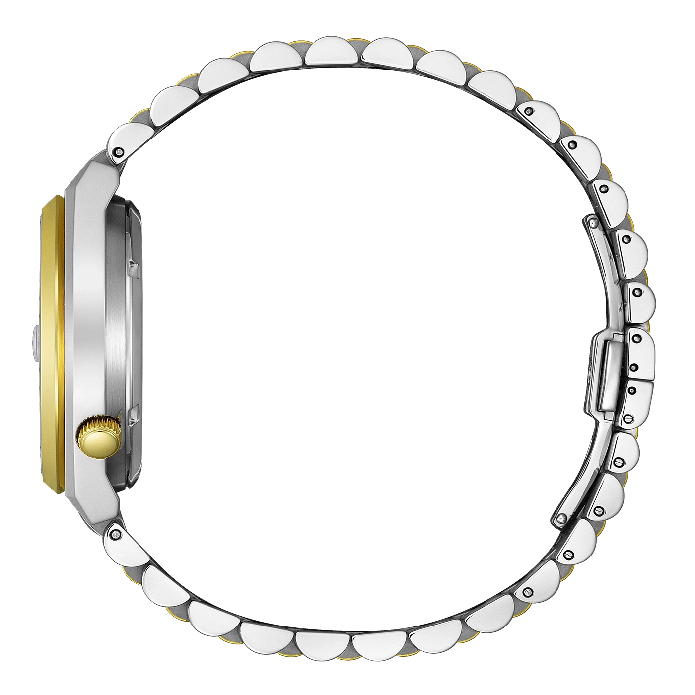 Side view of a silver and gold wristwatch with a metal band.