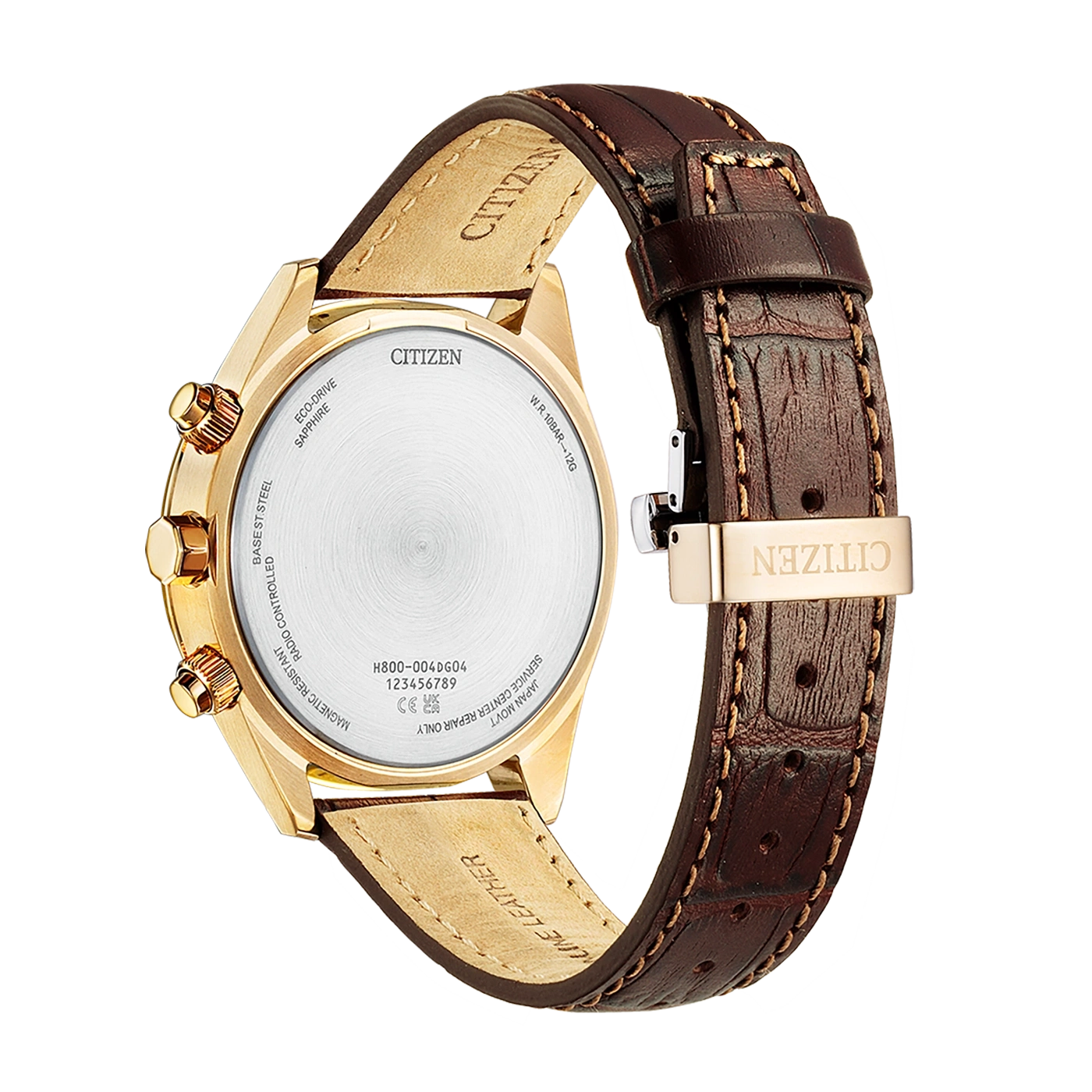 Citizen watch back, gold case, brown leather strap, Eco-Drive, sapphire crystal.
