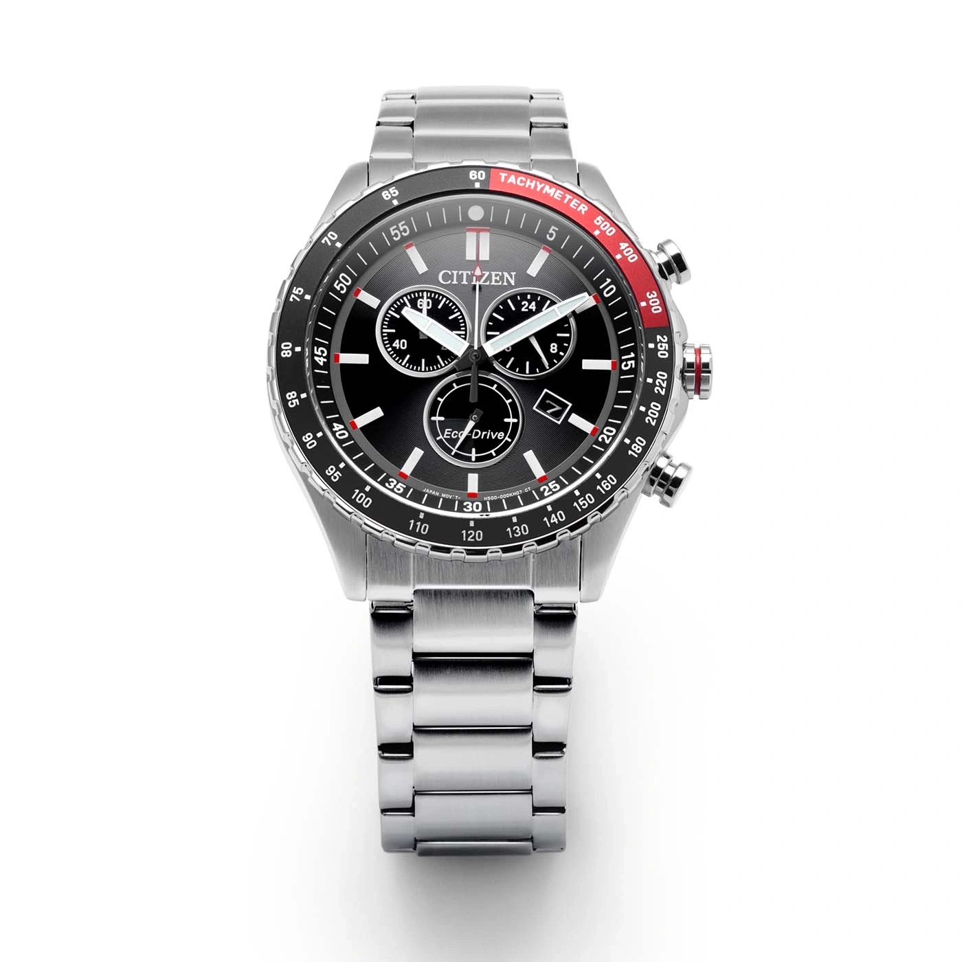A Citizen Eco-Drive chronograph watch with a black dial and tachymeter bezel.