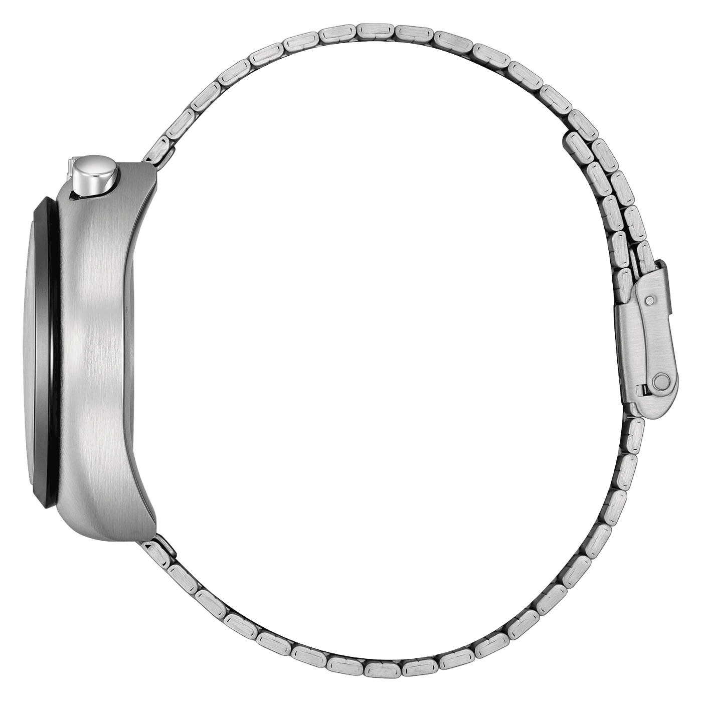 Silver watch bracelet, side view, stainless steel material.