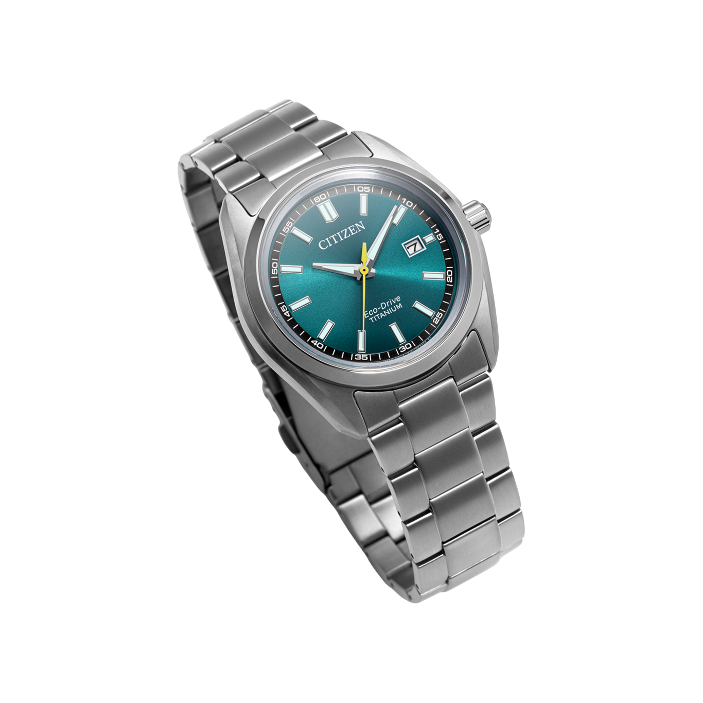 A modern Citizen Eco-Drive titanium watch with a teal dial and silver band, set against a white background.