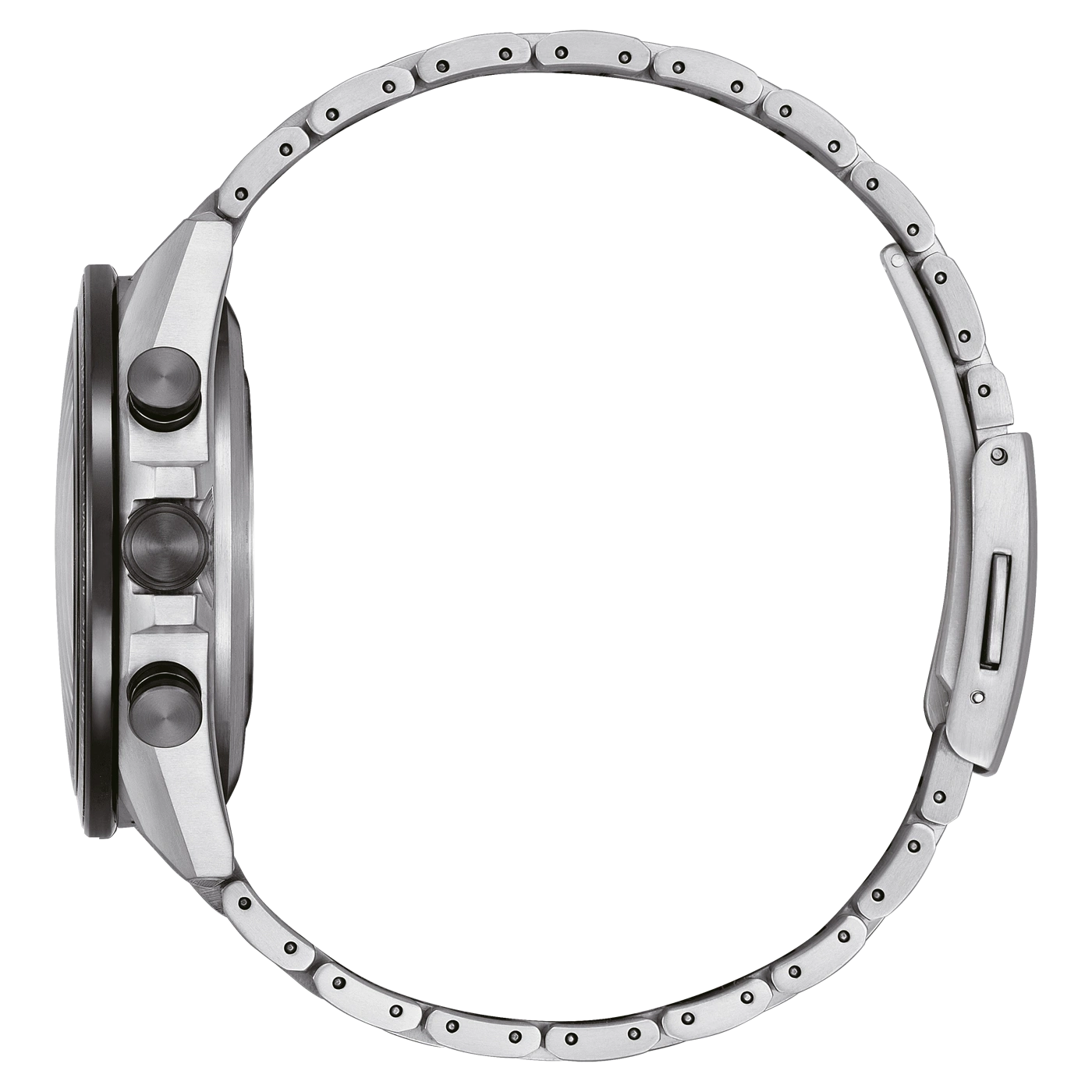 Side view of a silver wristwatch with a metal band on green background.