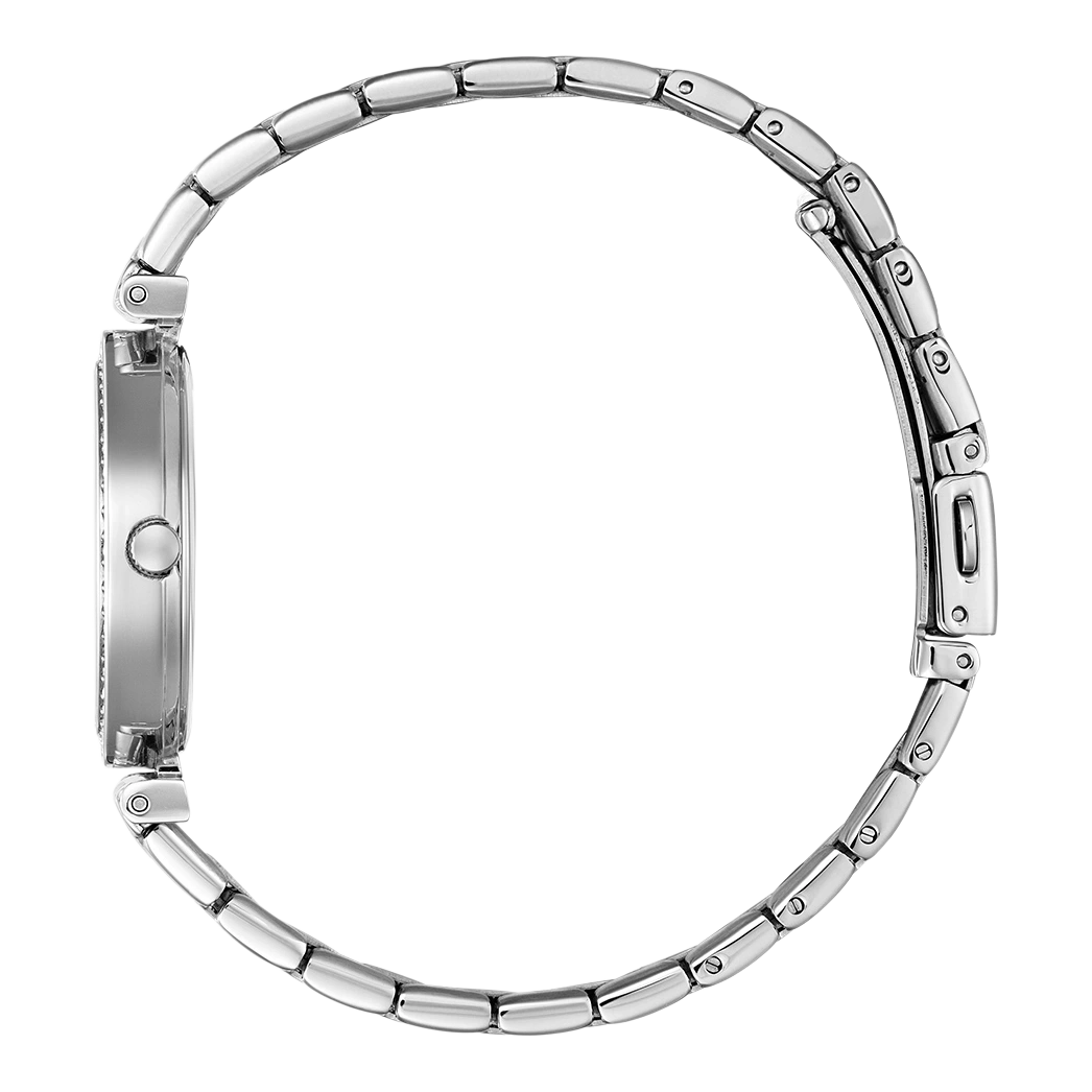 Silver watch with a round face and a delicate bracelet, side view.