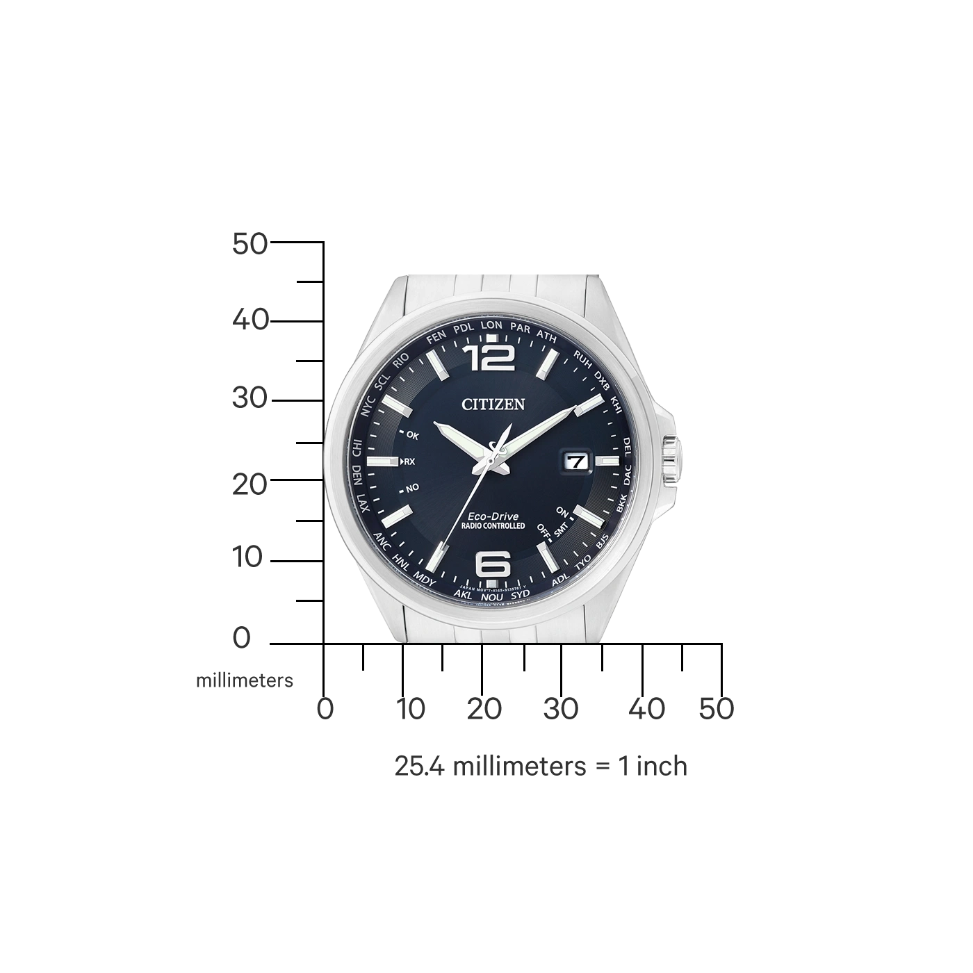 Citizen watch with time zones, Eco-Drive, and radio controlled features.