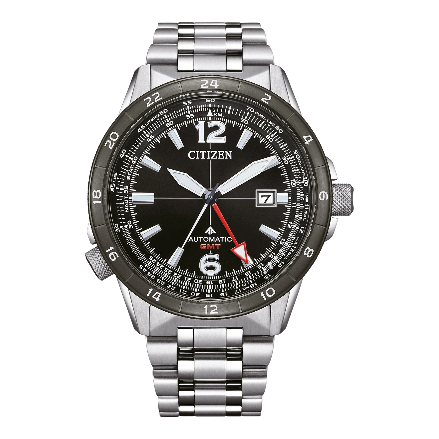 Citizen watch with black dial, silver bracelet, and GMT function, showing time and date.