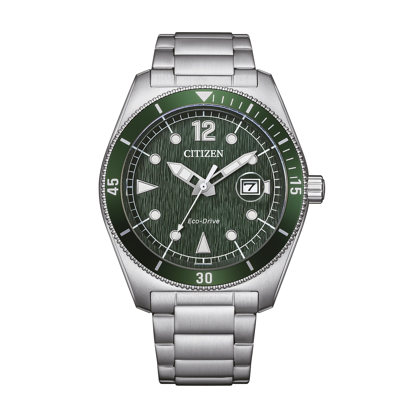 A green Citizen Eco-Drive watch with a metal band.
