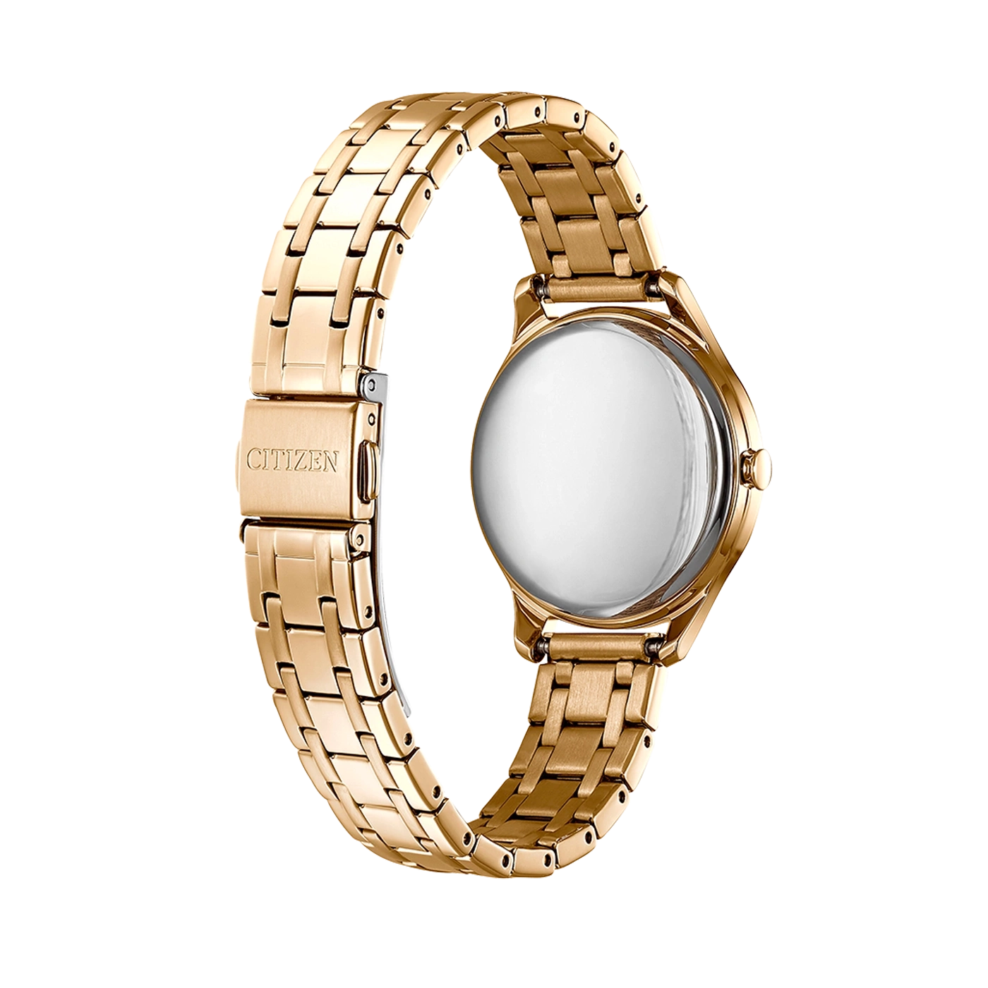 Gold Citizen watch, back view, showing the clasp and band details.