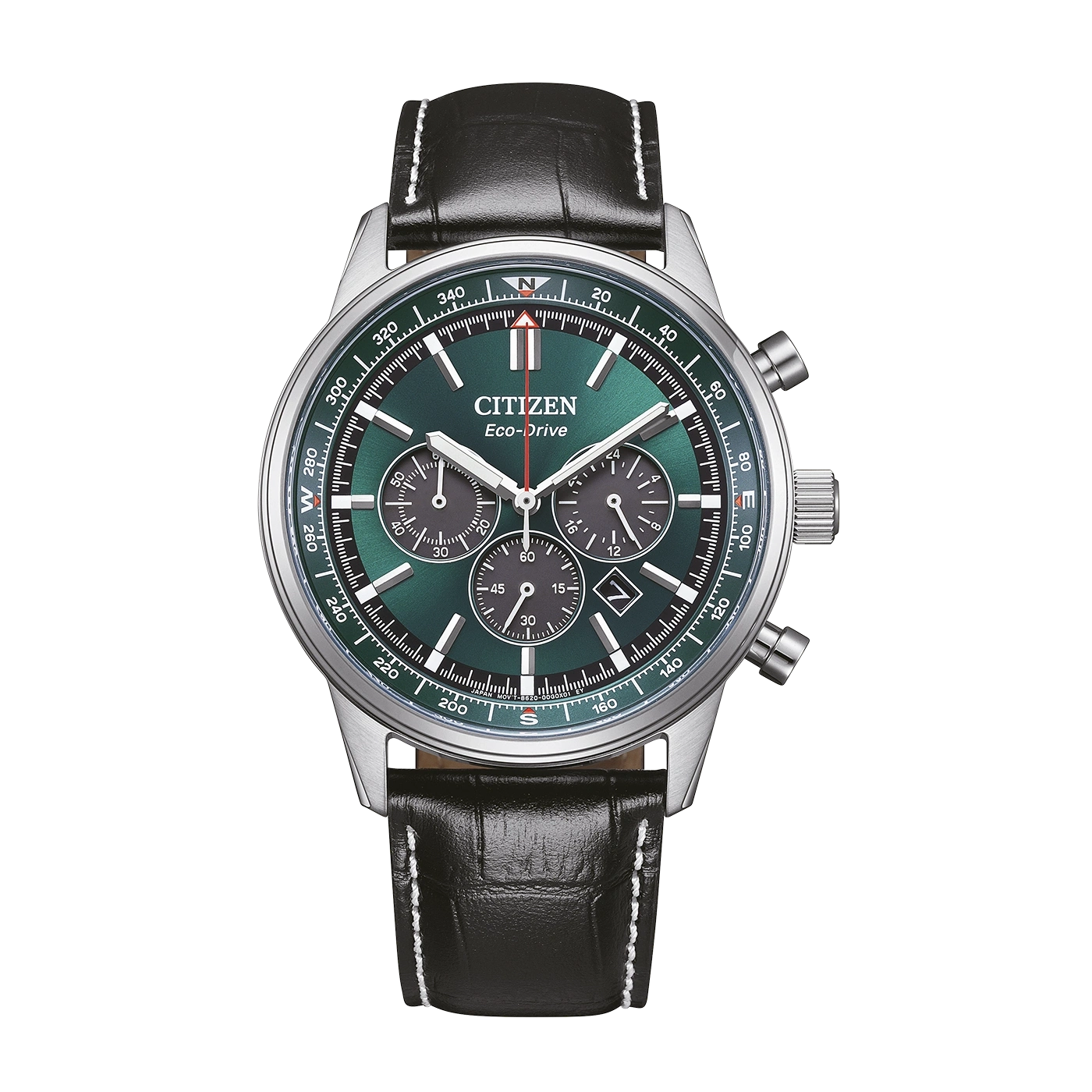 A green Citizen Eco-Drive chronograph watch with a black leather strap.
